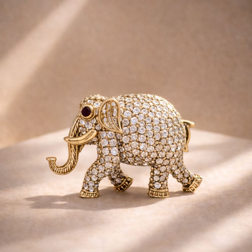 TOJ Everyday - Antique Gold Finish Diamond Studded Elephant Unisex Brooch with Ruby Detailing