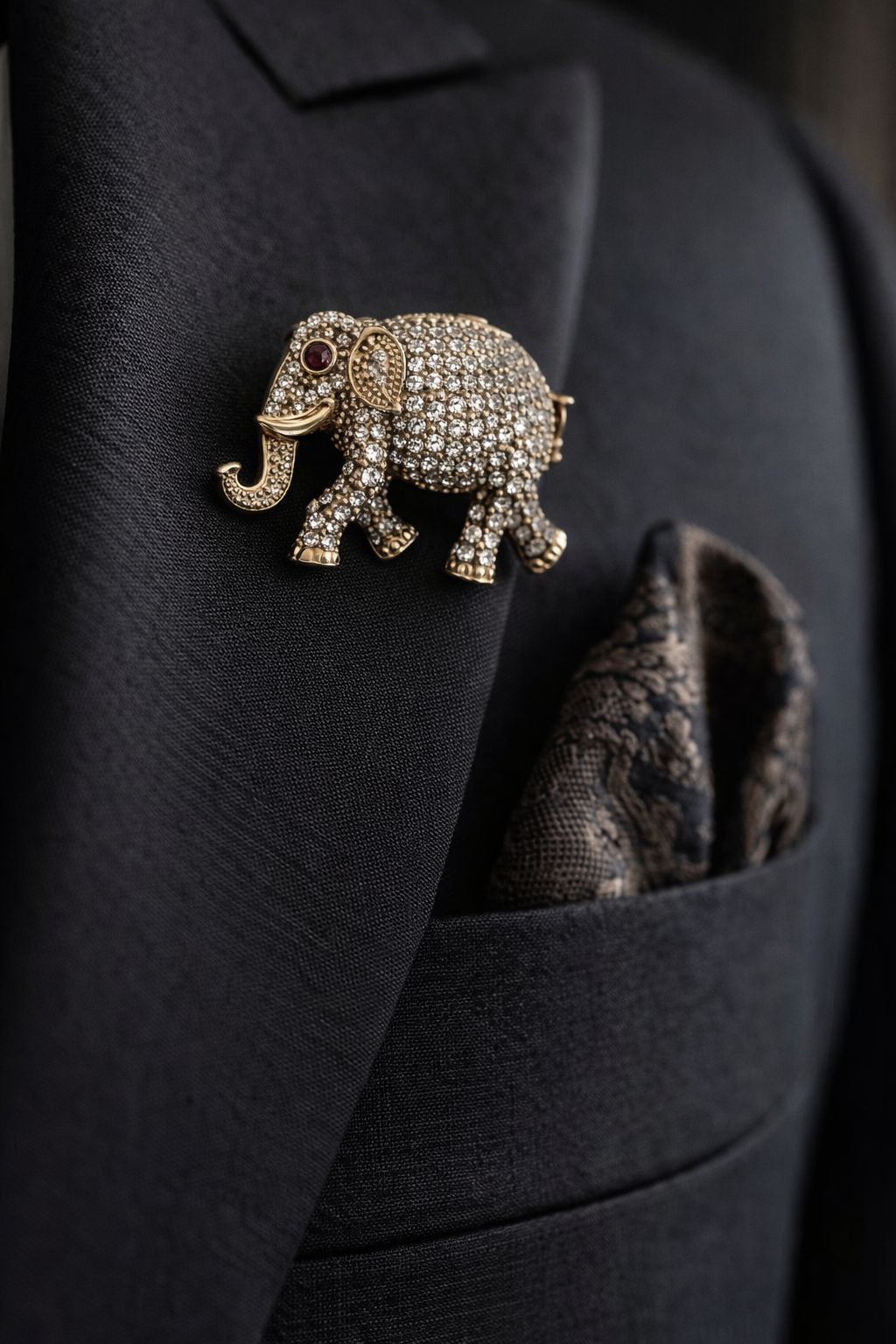 TOJ Everyday - Antique Gold Finish Diamond Studded Elephant Unisex Brooch with Ruby Detailing