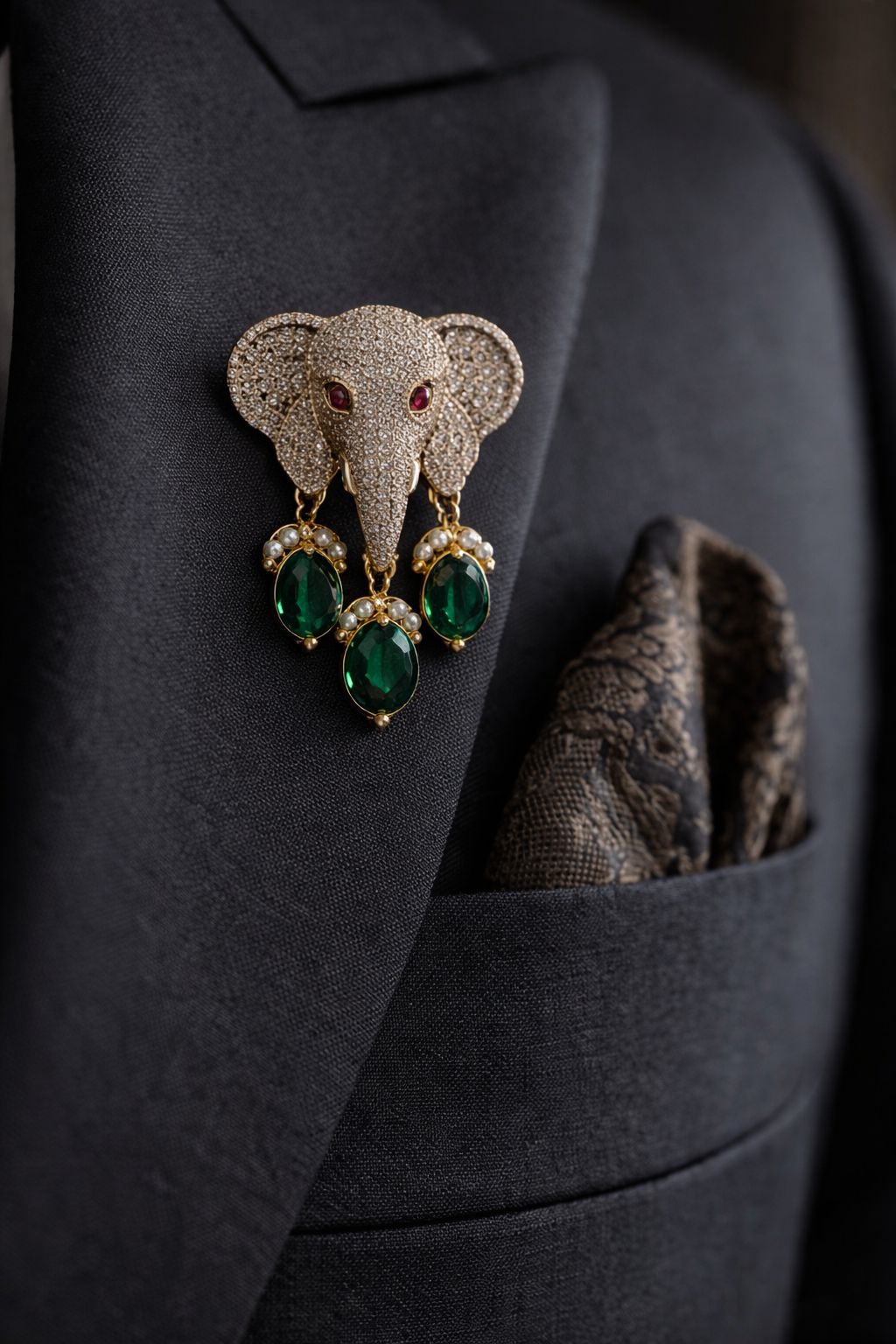 TOJ Everyday - Antique Gold Finish Lord Ganesha Unisex Brooch for Men and Women with Emerald Drops