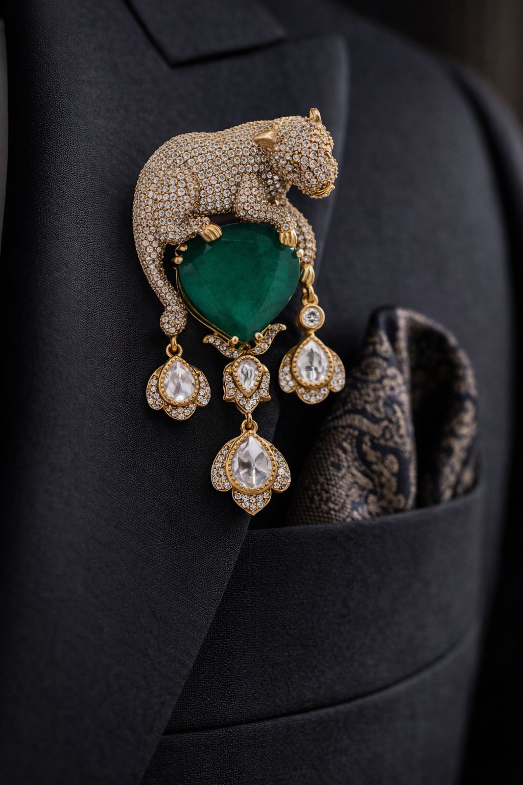 TOJ Everyday - Antique Gold Finish Jaguar Unisex Brooch for Men and Women with Polki and Green Emerald Detailing