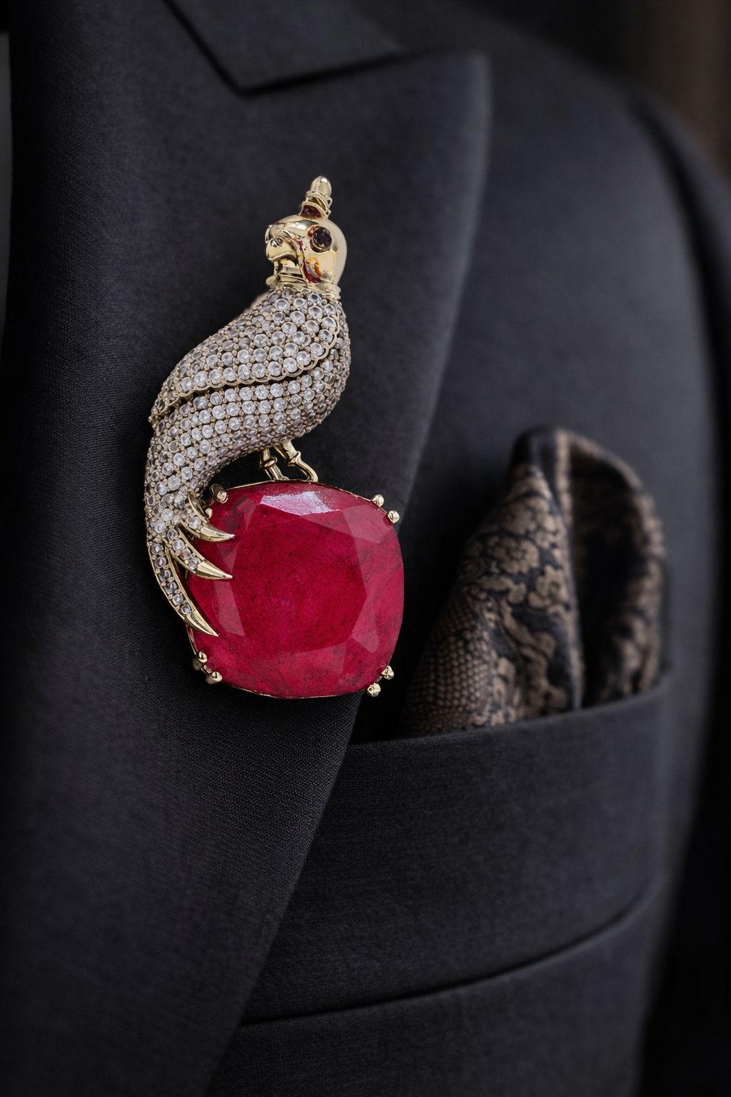 TOJ Everyday -  Antique Gold Finish Diamond and Ruby Royal Bird Unisex Brooch for Men and Women