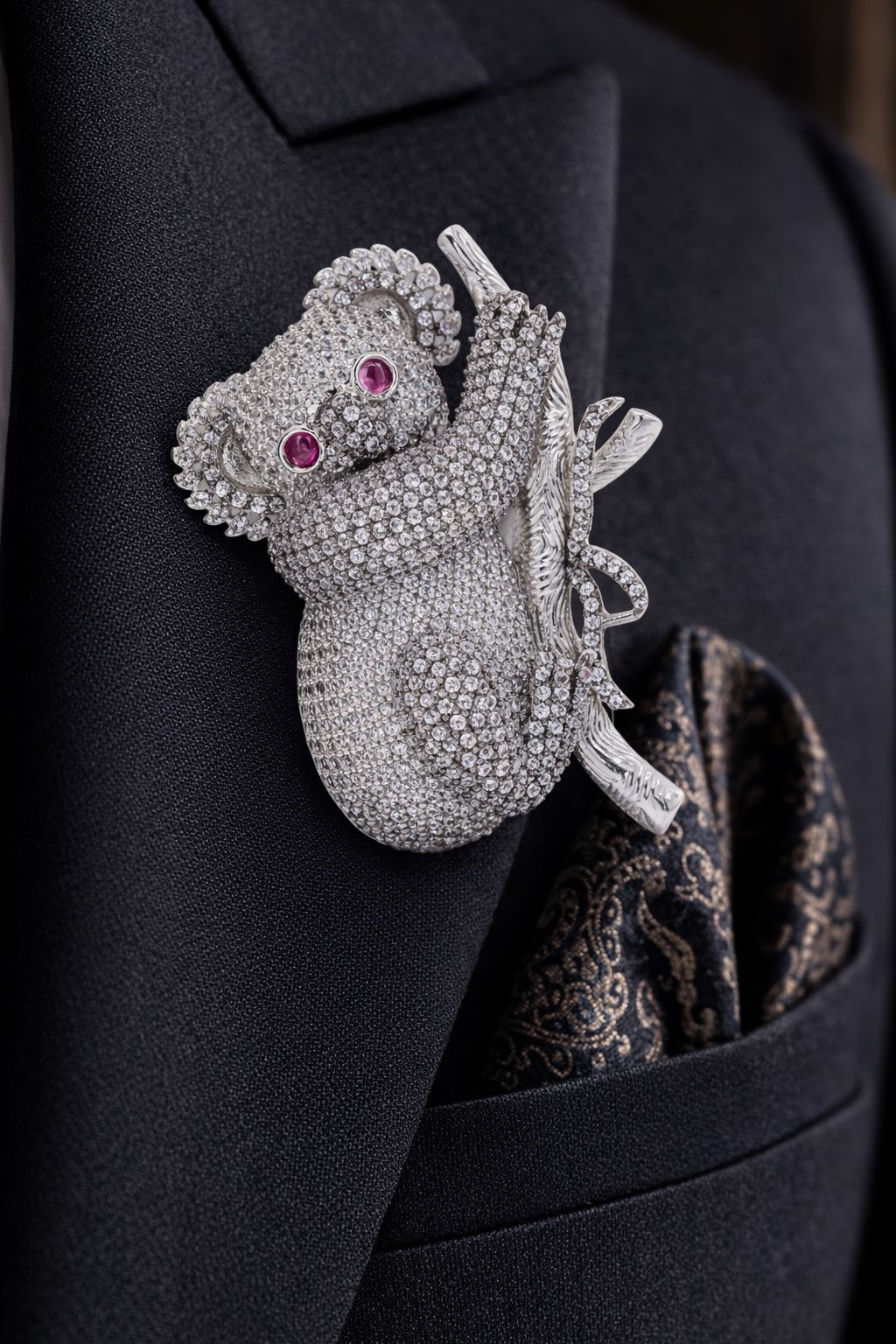 TOJ Everyday - Micro Setting Diamond Studded Koala Bear Unisex Statement Brooch for Men and Women with Ruby Dt