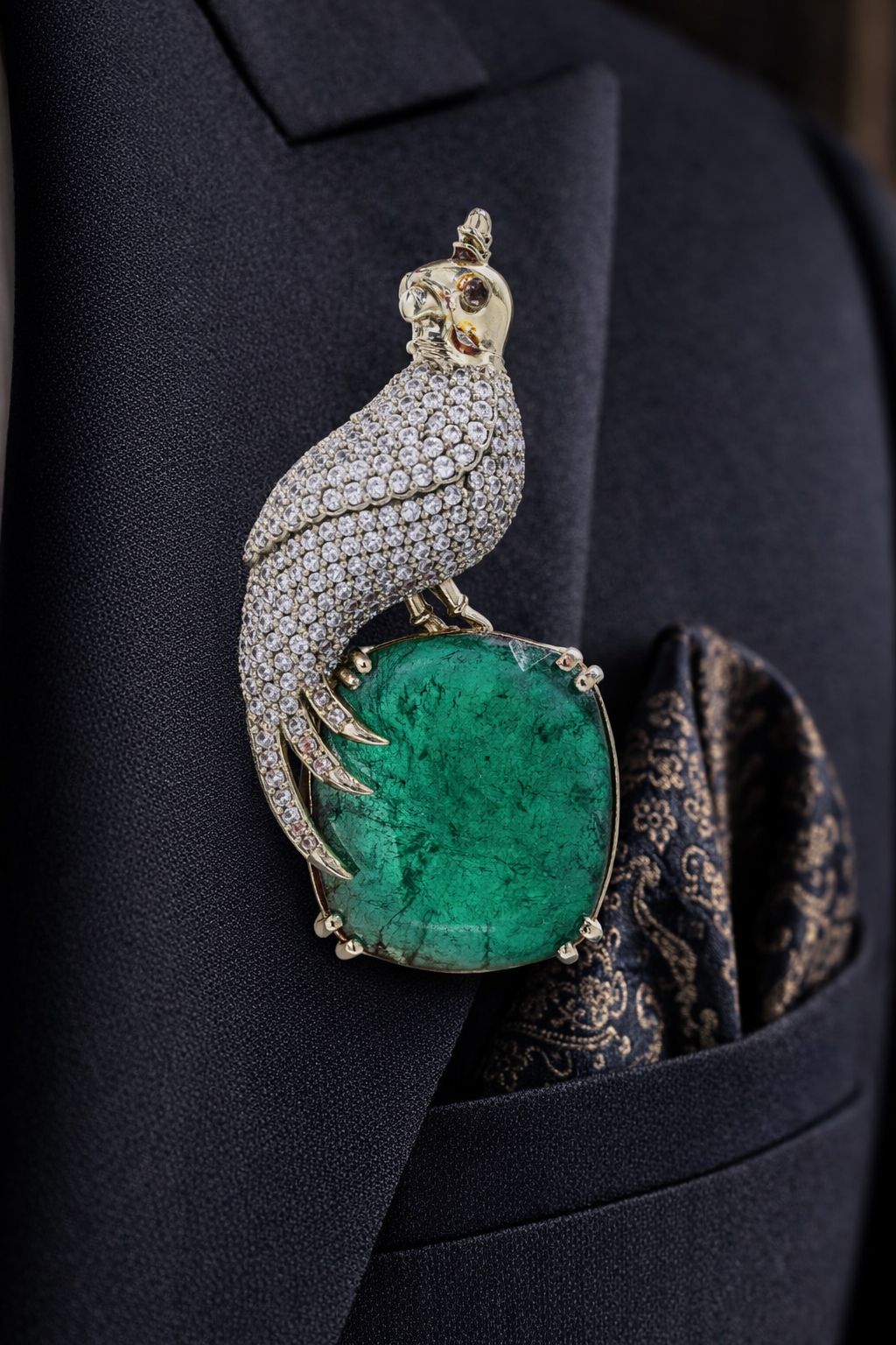TOJ Everyday - Antique Gold Finish Micro Setting Diamond Unisex Bird Brooch for Men and Women with Emerald Detailing