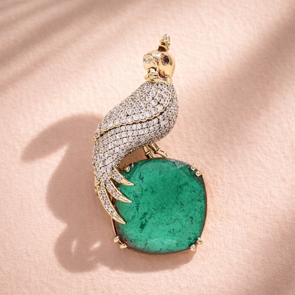 TOJ Everyday - Antique Gold Finish Micro Setting Diamond Unisex Bird Brooch for Men and Women with Emerald Detailing