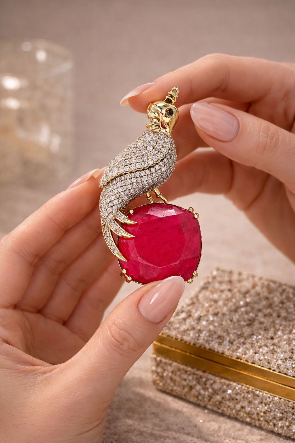 TOJ Everyday -  Antique Gold Finish Diamond and Ruby Royal Bird Unisex Brooch for Men and Women