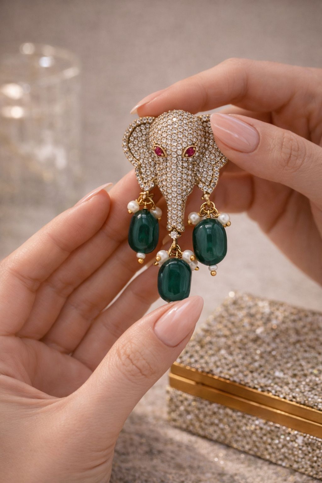 TOJ Everyday - Antique Gold Finish Lord Ganesha Unisex Brooch for Men and Women with Emerald Drops