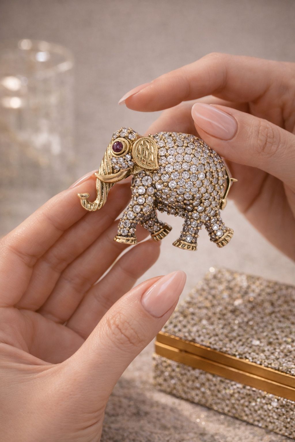 TOJ Everyday - Antique Gold Finish Diamond Studded Elephant Unisex Brooch with Ruby Detailing