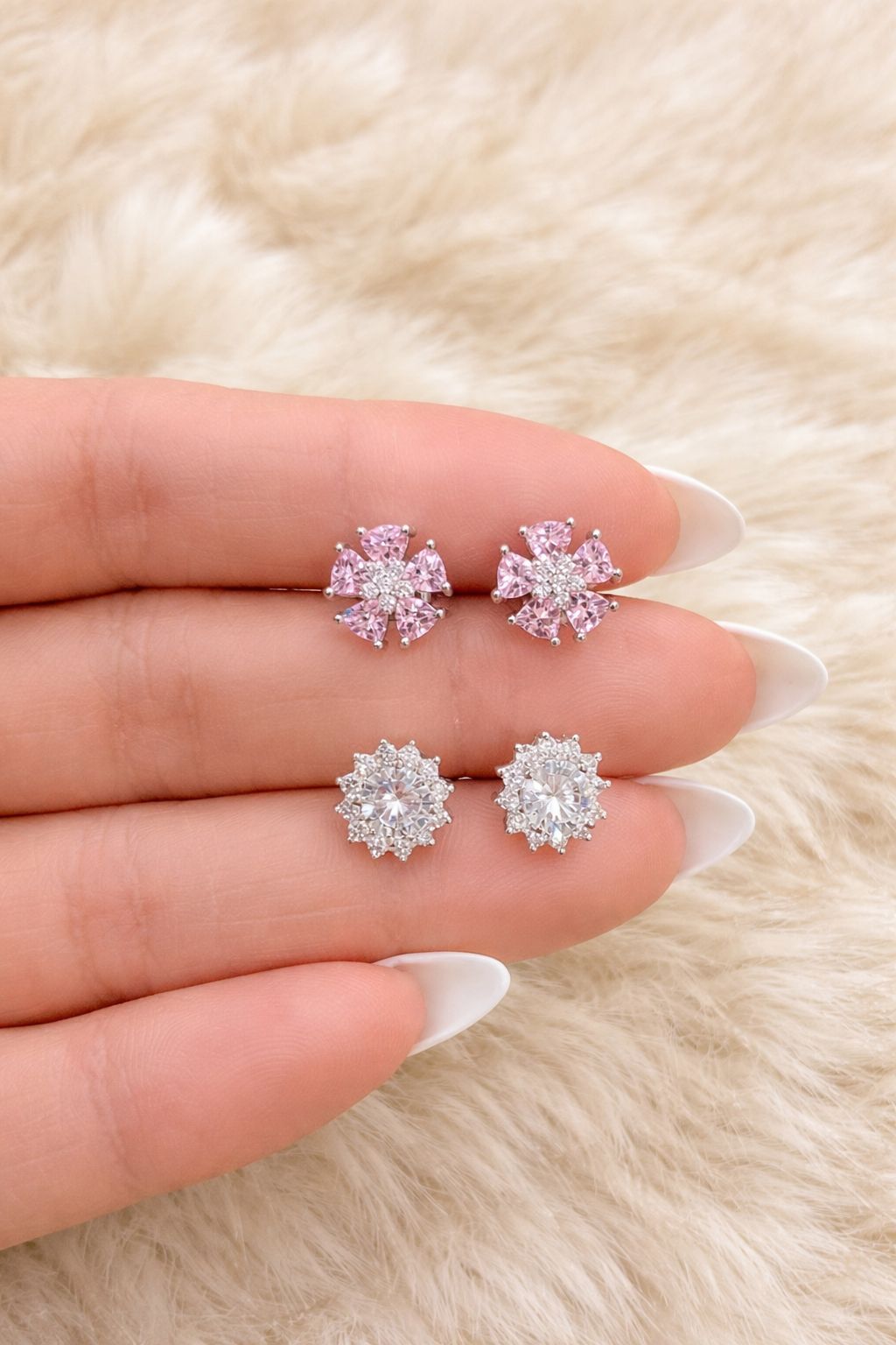 Mother’s Day Combo of Two Pure 925 Silver Stud Earrings  - Pink Trillion Solitaire and Sunflower Halo Studs Combo on Pure 925 Silver