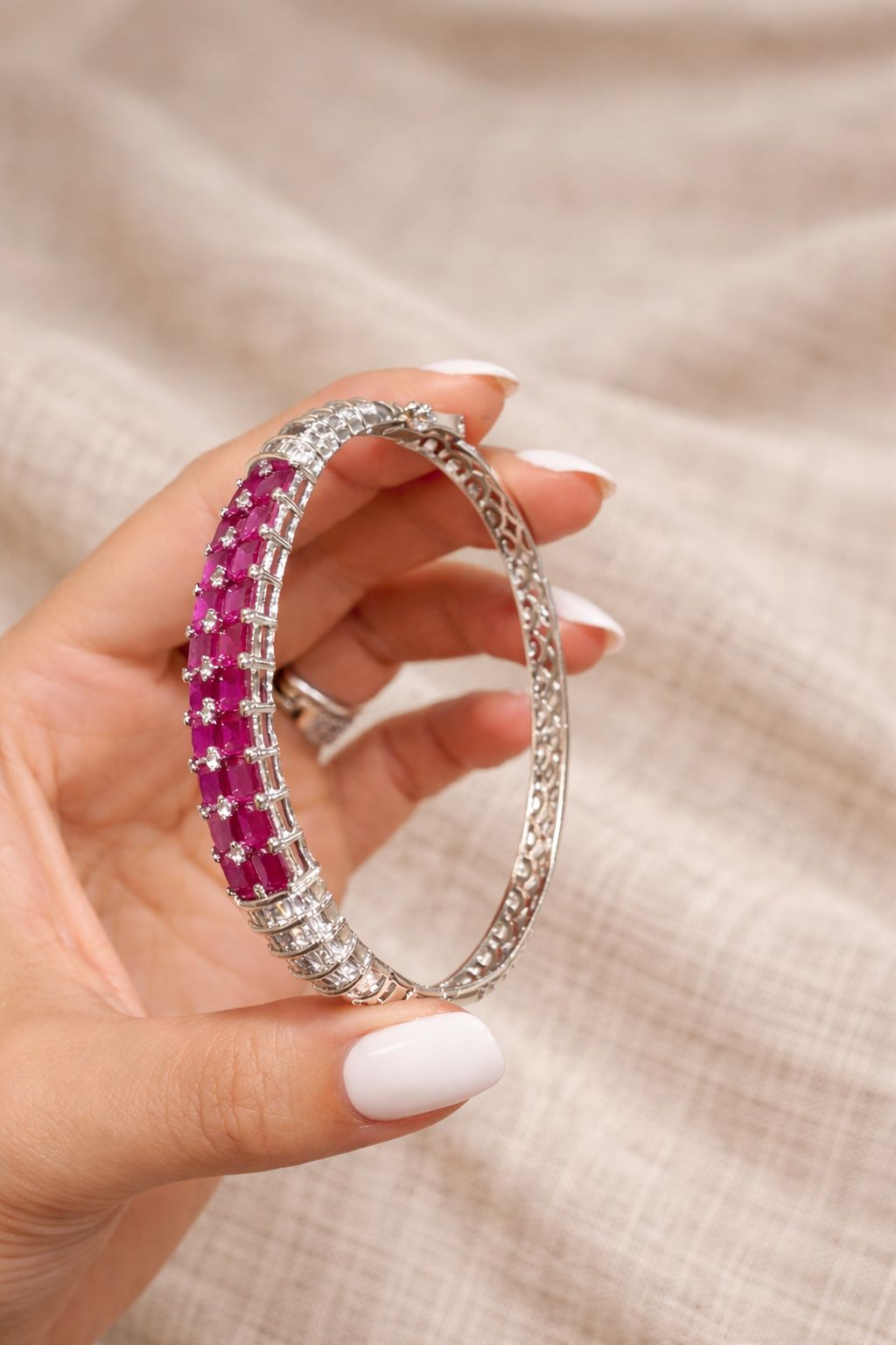 Premium Ruby and American Diamond Baguette Openable Kada Bracelet