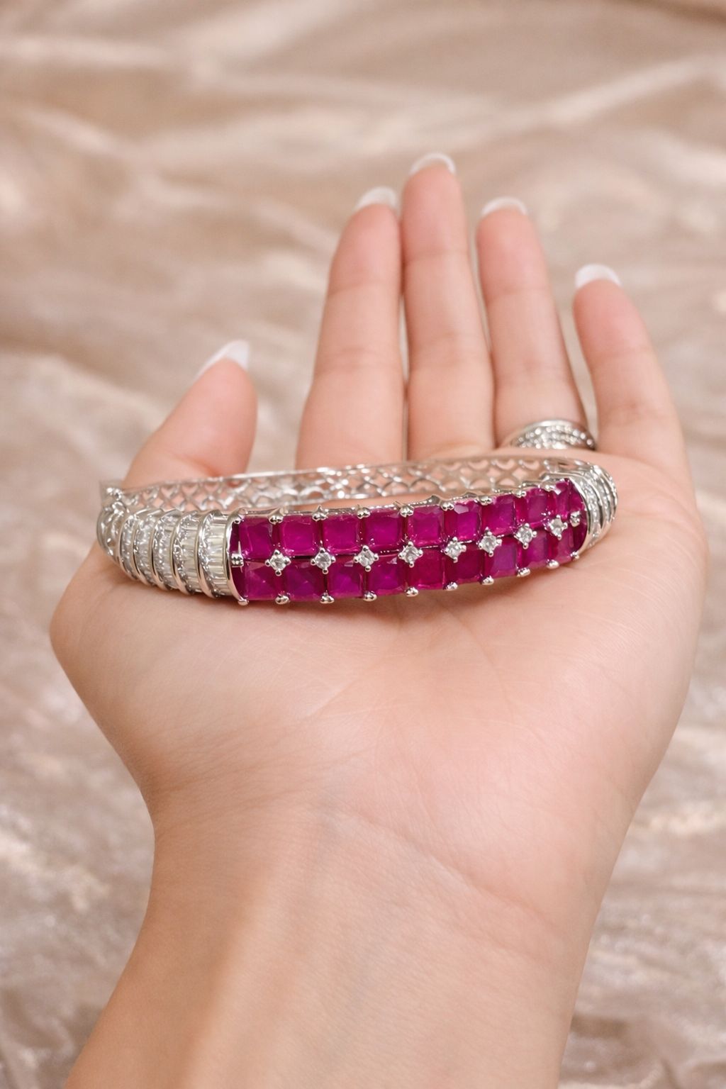 Premium Ruby and American Diamond Baguette Openable Kada Bracelet