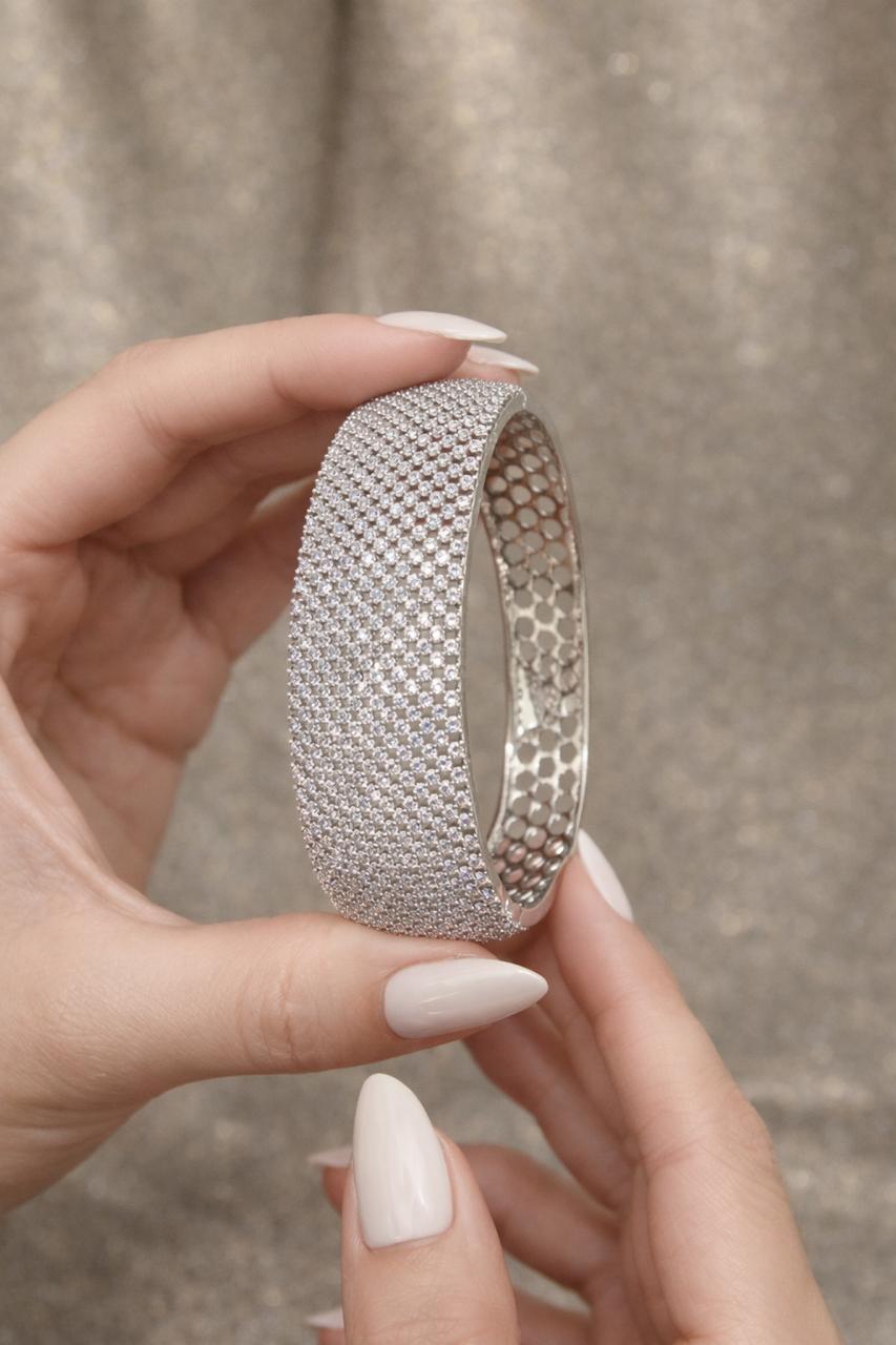 Premium Gold Finish American Diamond Zebra Openable Bracelet with Double Line Diamond Cluster