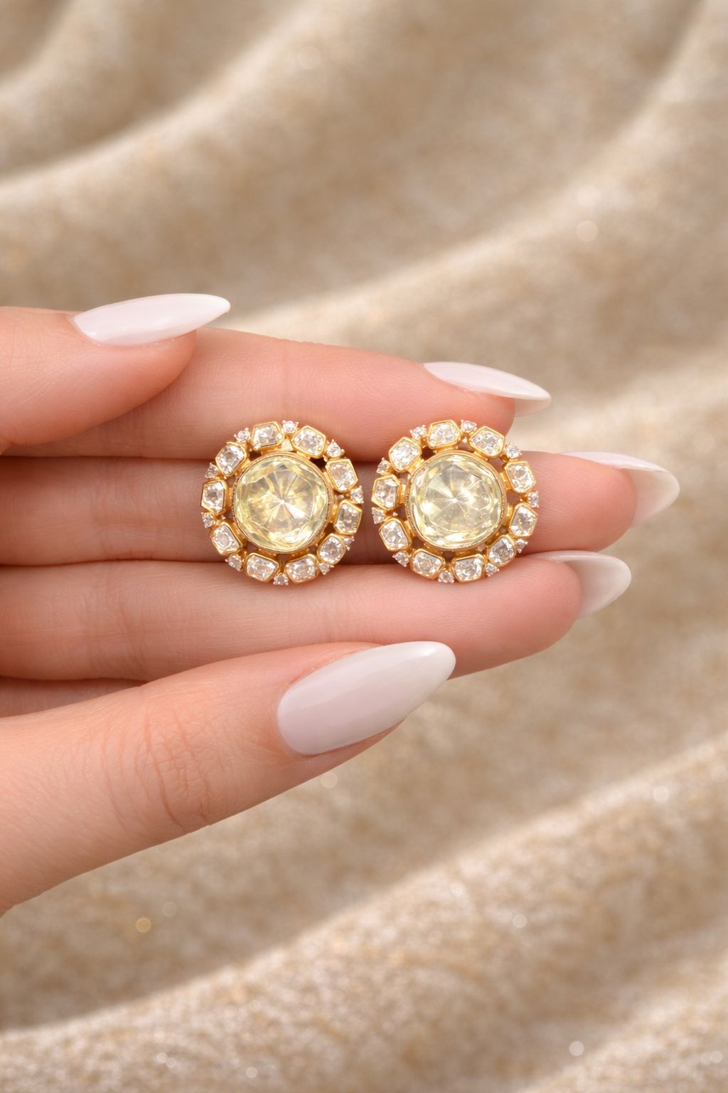 Premium TOJ Everyday -  Gold Finish Polki Screw Back Statement Traditional Stud Earrings for Women
