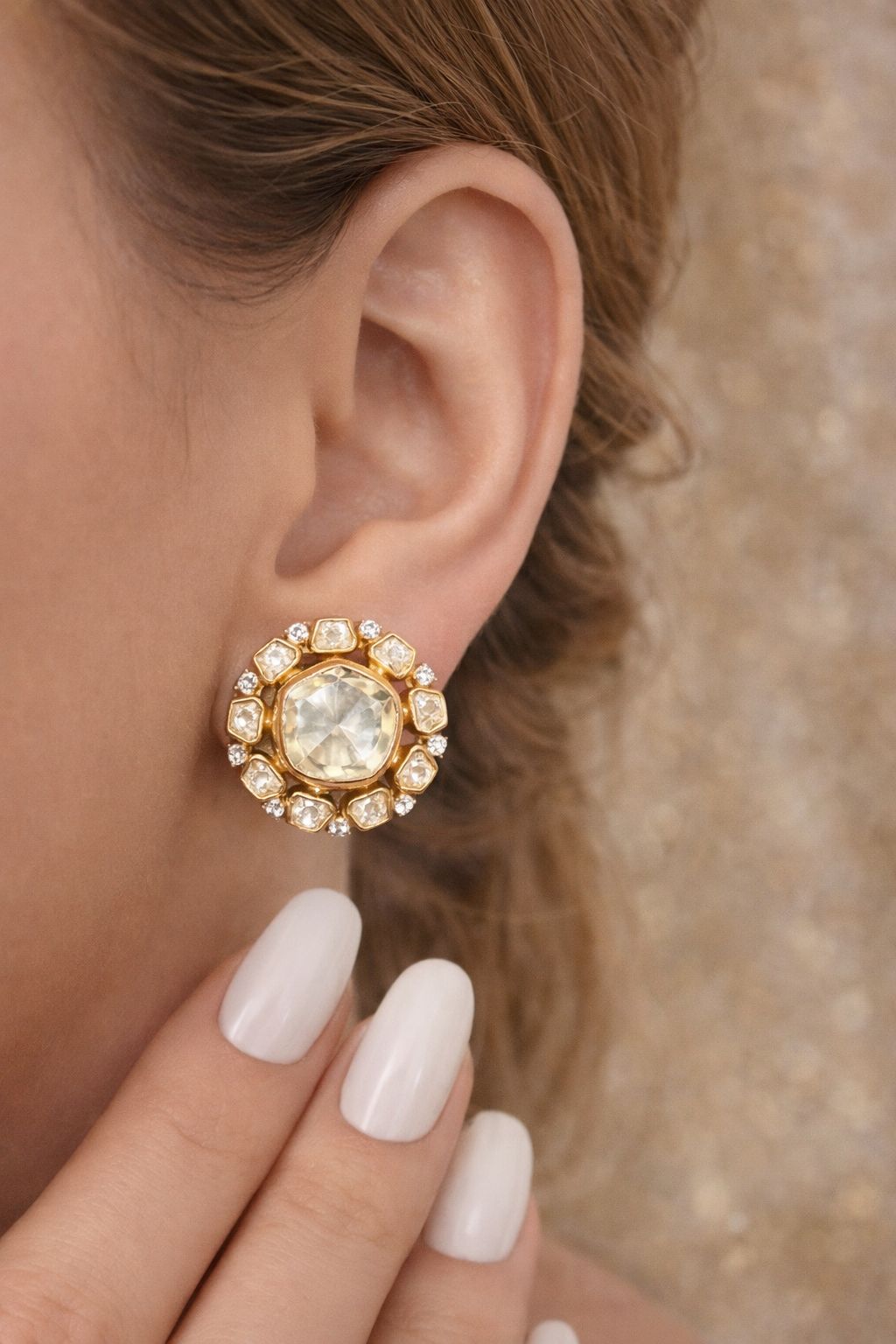 Premium TOJ Everyday -  Gold Finish Polki Screw Back Statement Traditional Stud Earrings for Women