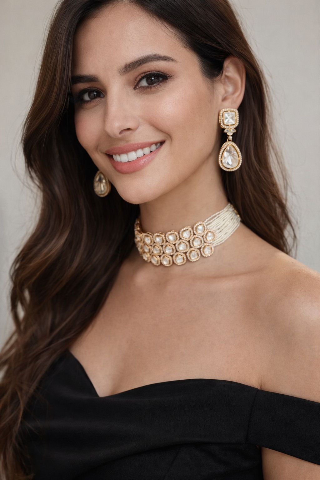 Custom Combo Polki Choker Necklace and Premium Polki Long Earrings