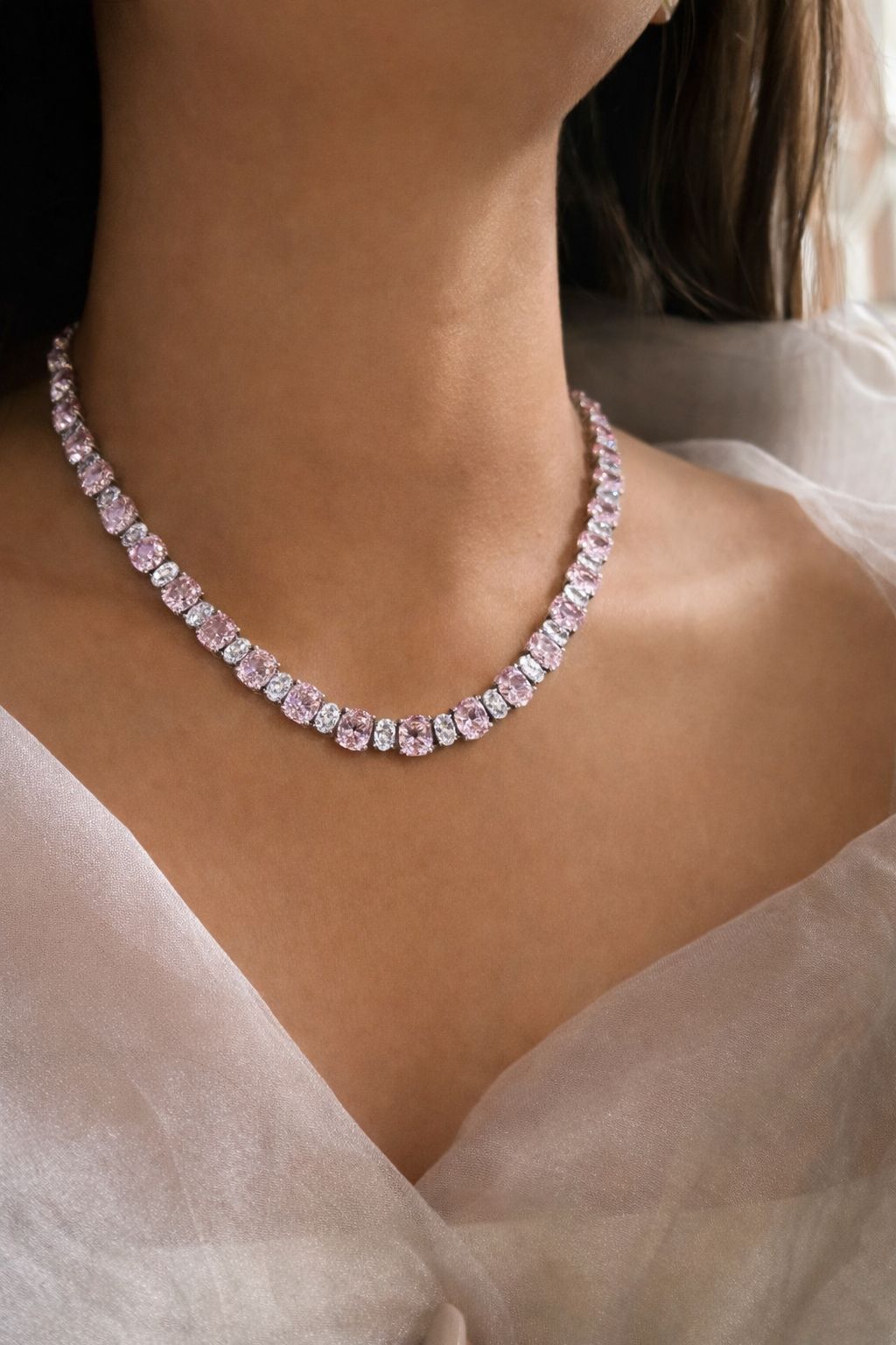 Premium TOJ Everyday Pink and White Oval Diamond Solitaire Classic String Necklace Set with Earrings