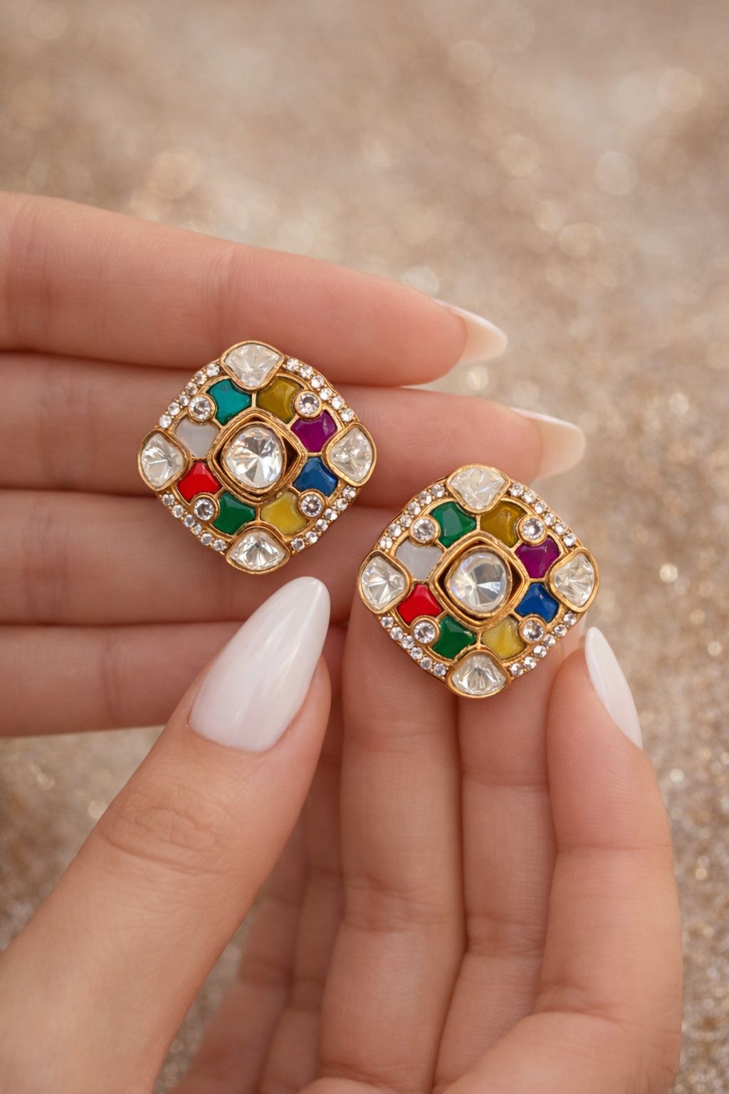 TOJ Everyday - Navratna Polki Square Gold Finish Stud Earrings for Women