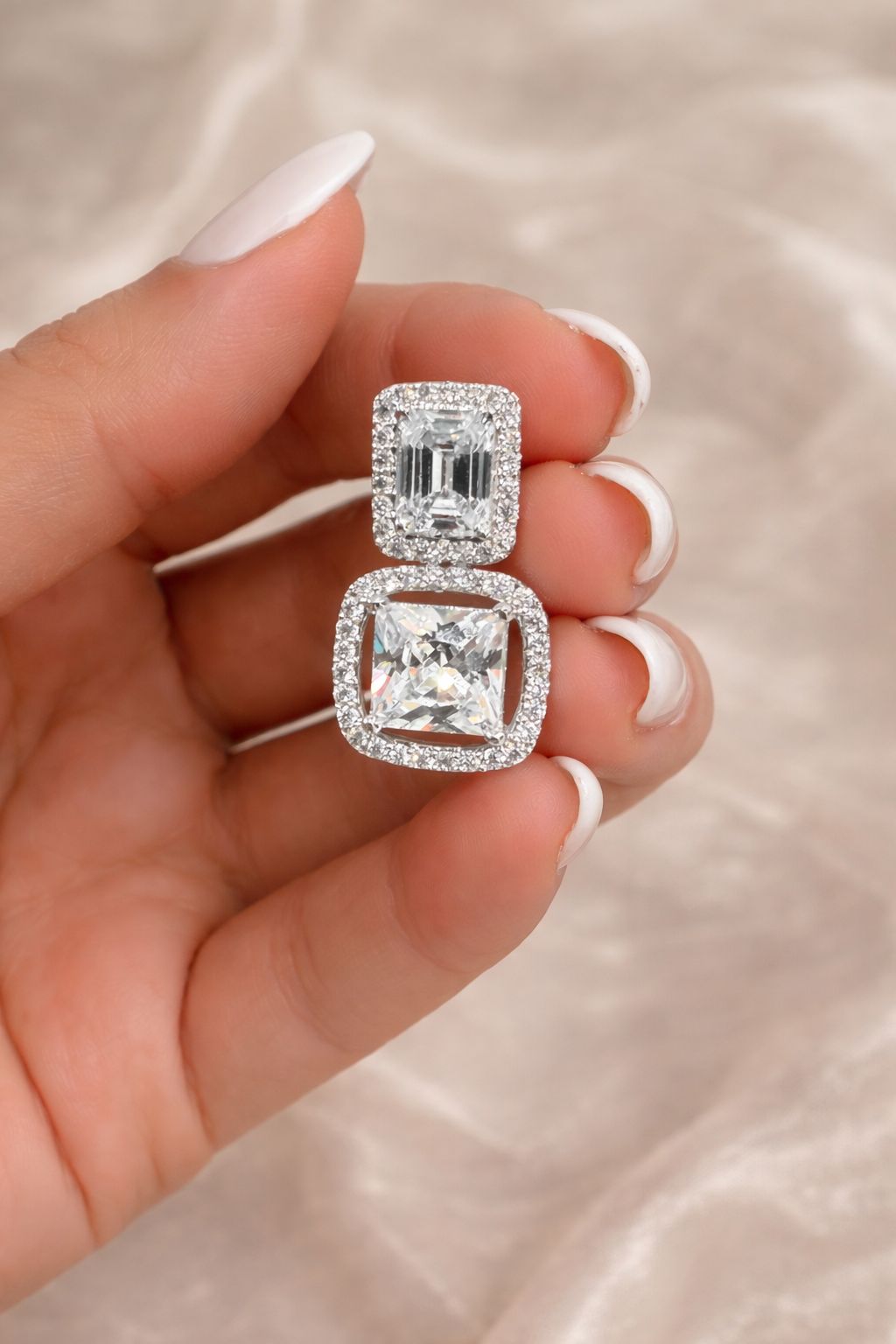 Premium TOJ Everyday - Emerald Cut and Princess Cut Solitaire Double Layered Party Earrings for Women