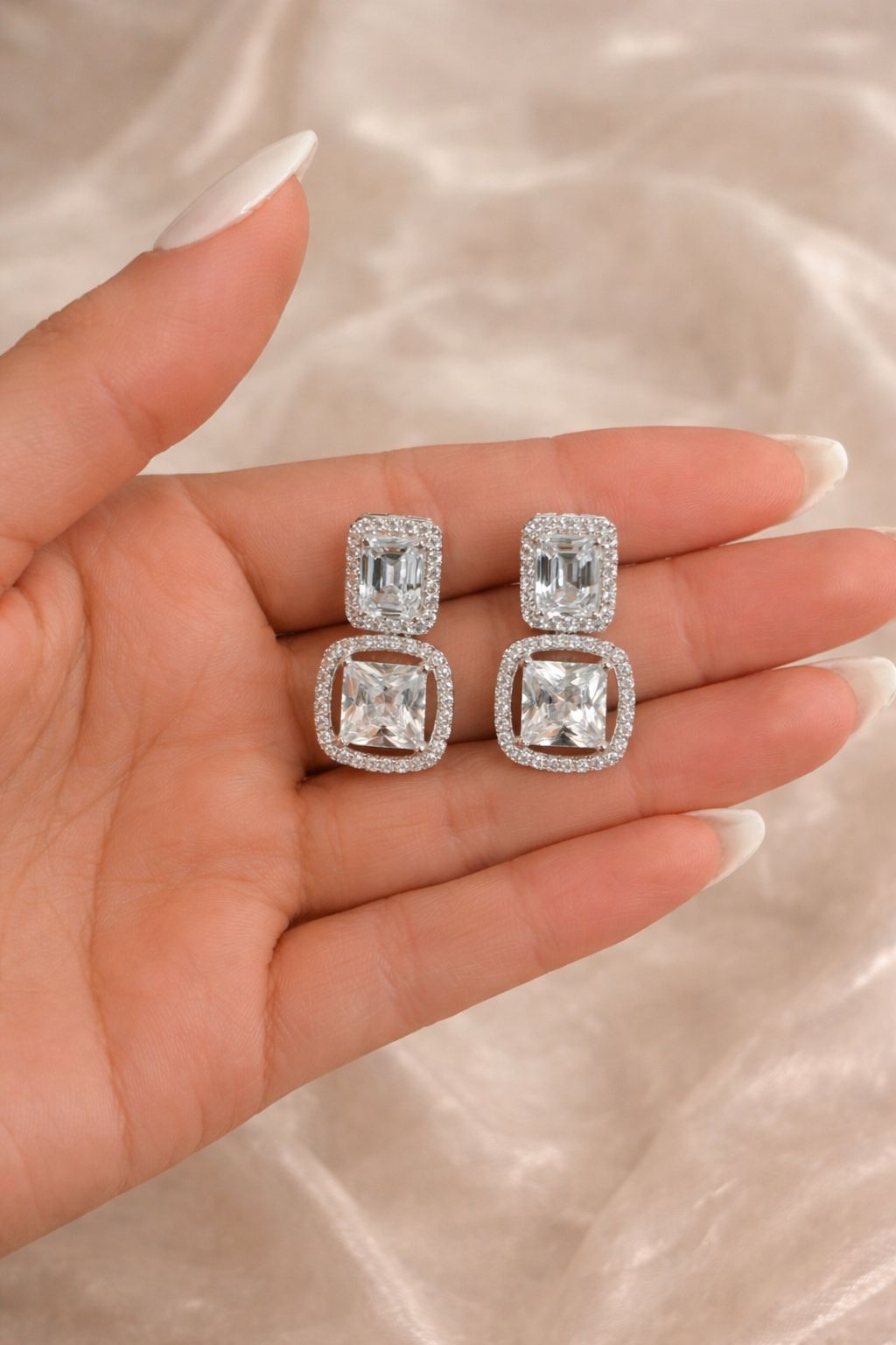 Premium TOJ Everyday - Emerald Cut and Princess Cut Solitaire Double Layered Party Earrings for Women