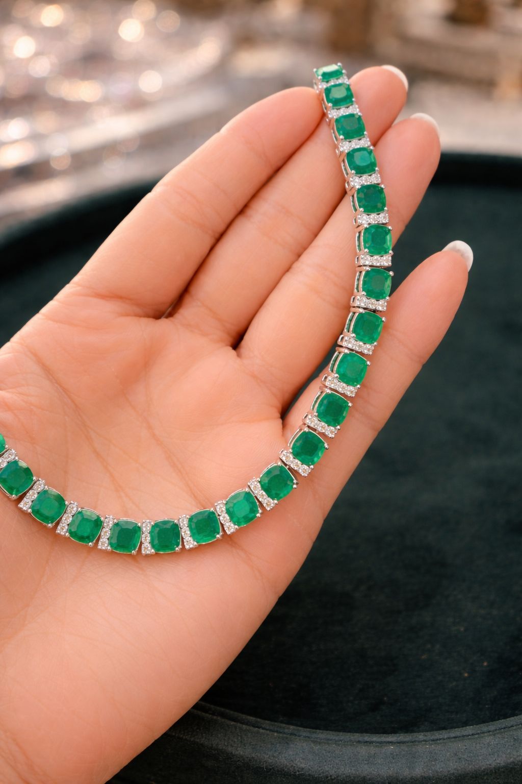Premium TOJ Everyday Classic Emerald String Necklace Set with Diamonds