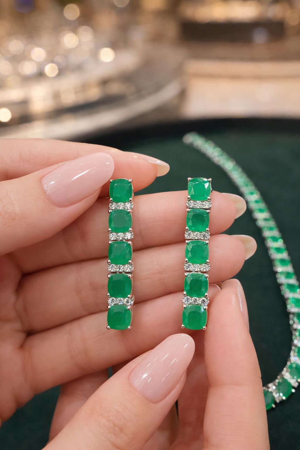 Premium TOJ Everyday Classic Emerald String Necklace Set with Diamonds