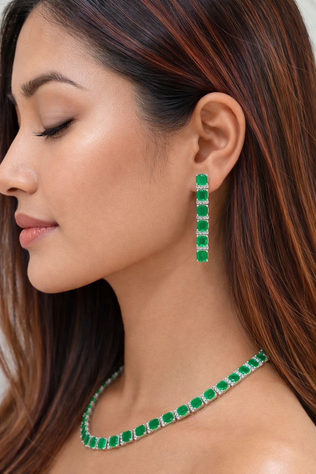 Premium TOJ Everyday Classic Emerald String Necklace Set with Diamonds