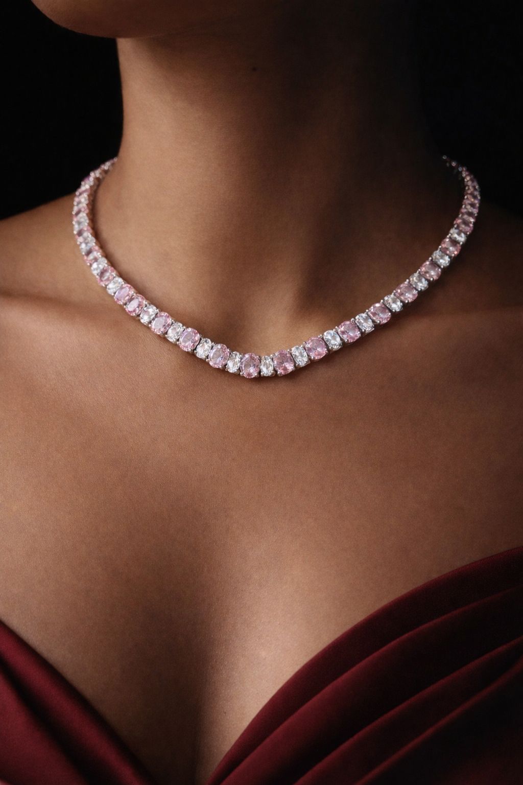 Premium TOJ Everyday Pink and White Oval Diamond Solitaire Classic String Necklace Set with Earrings