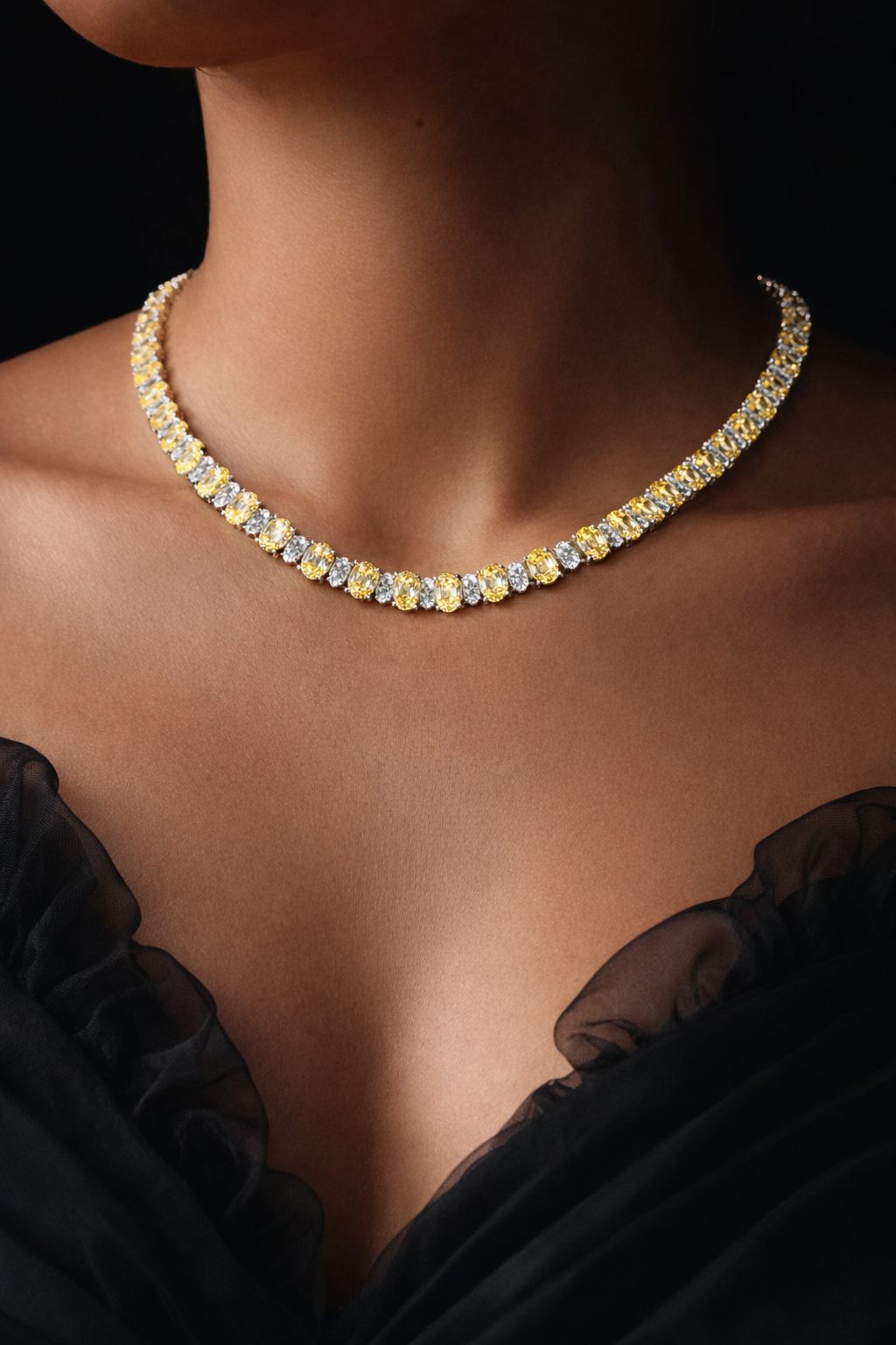 Premium TOJ Everyday Yellow and White Oval Diamond Solitaire Classic String Necklace Set with Earrings