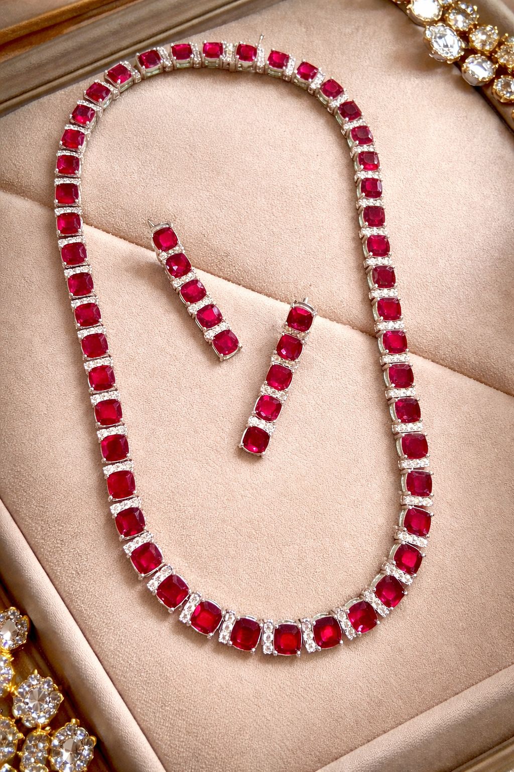 Premium TOJ Everyday Classic Ruby Solitaire String Necklace Set with Diamonds