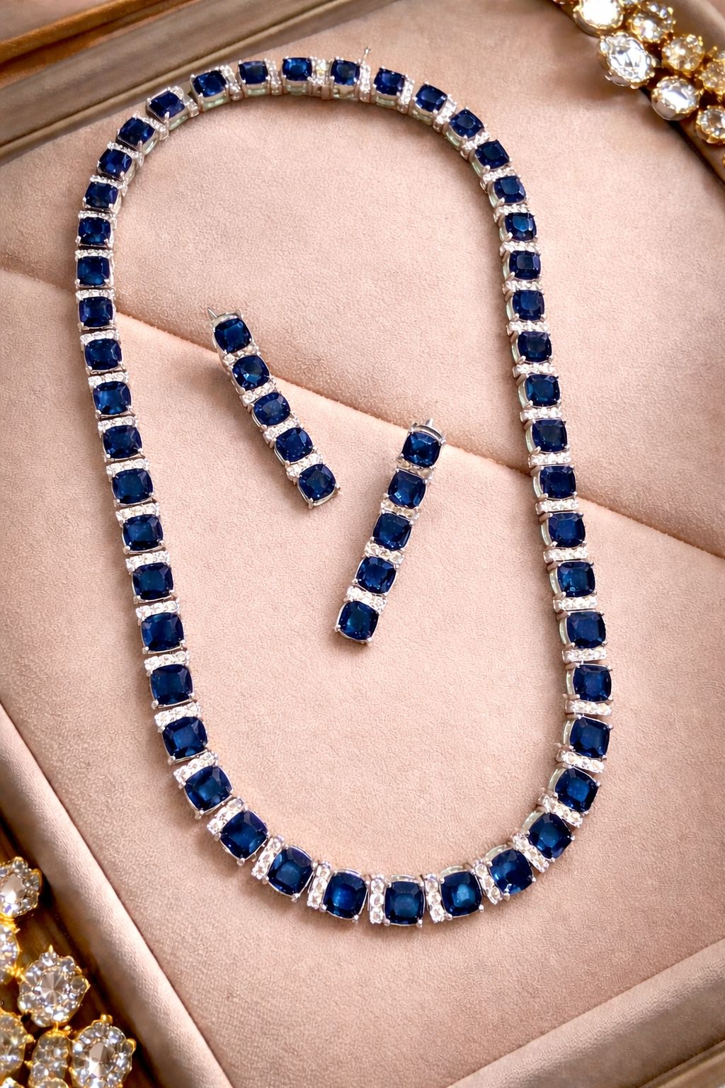Premium TOJ Everyday Classic Blue Sapphire Solitaire String Necklace Set with Diamonds