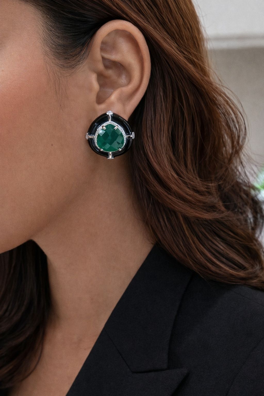 Premium TOJ Everyday Emerald Hydro and Black Enamel Statement Party Stud Earrings