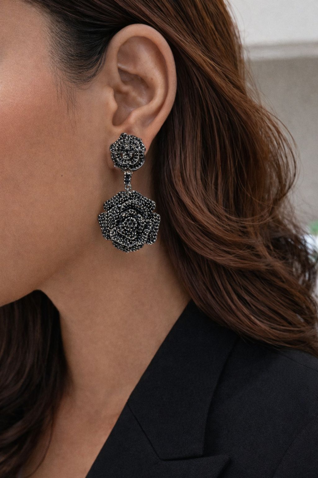 TOJ Everyday Premium Black Rhodium Double Rose Danglers