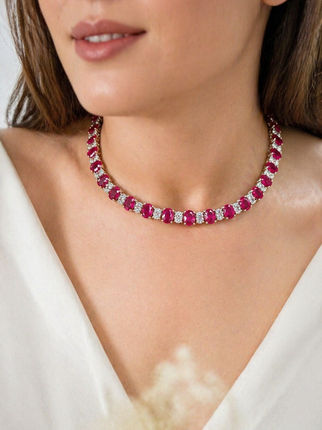 Premium TOJ Everyday Oval and White Ruby Solitaire Necklace Set