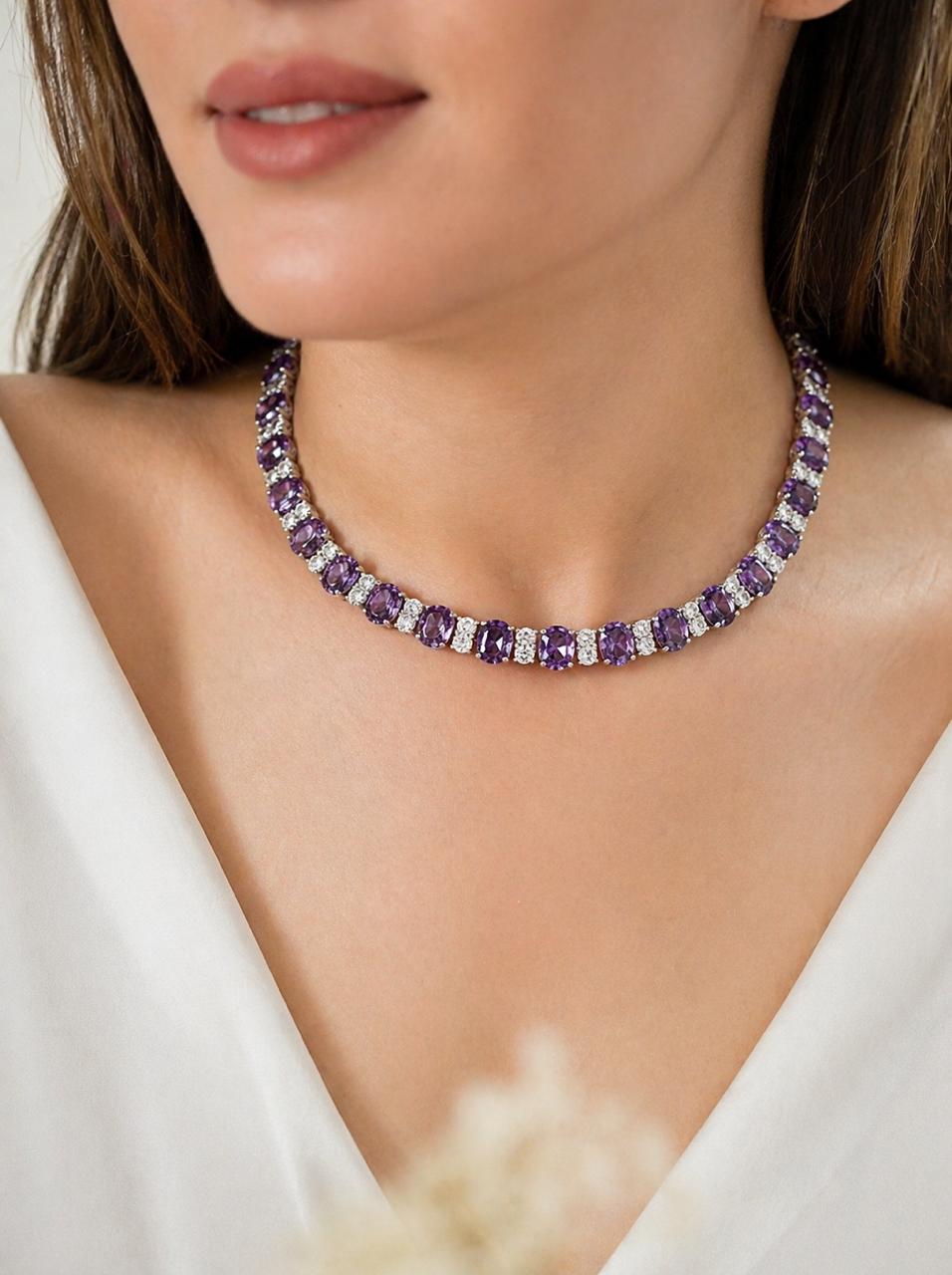 Premium TOJ Everyday - Amethyst and White Oval Diamond Solitaire Classic String Necklace Set with Earrings