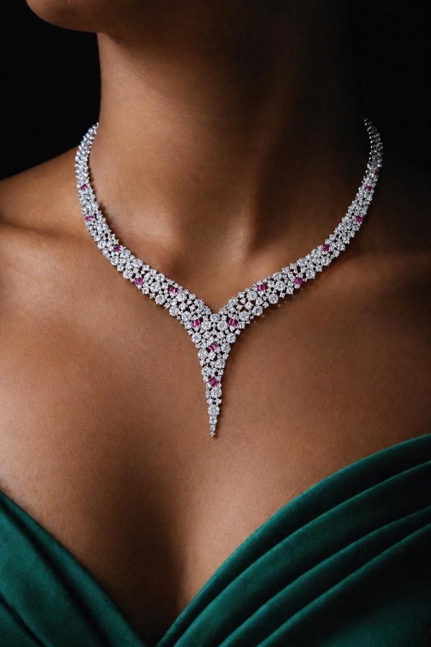 Premium TOJ Everyday - Classic Ruby Cocktail Necklace Set with Earrings