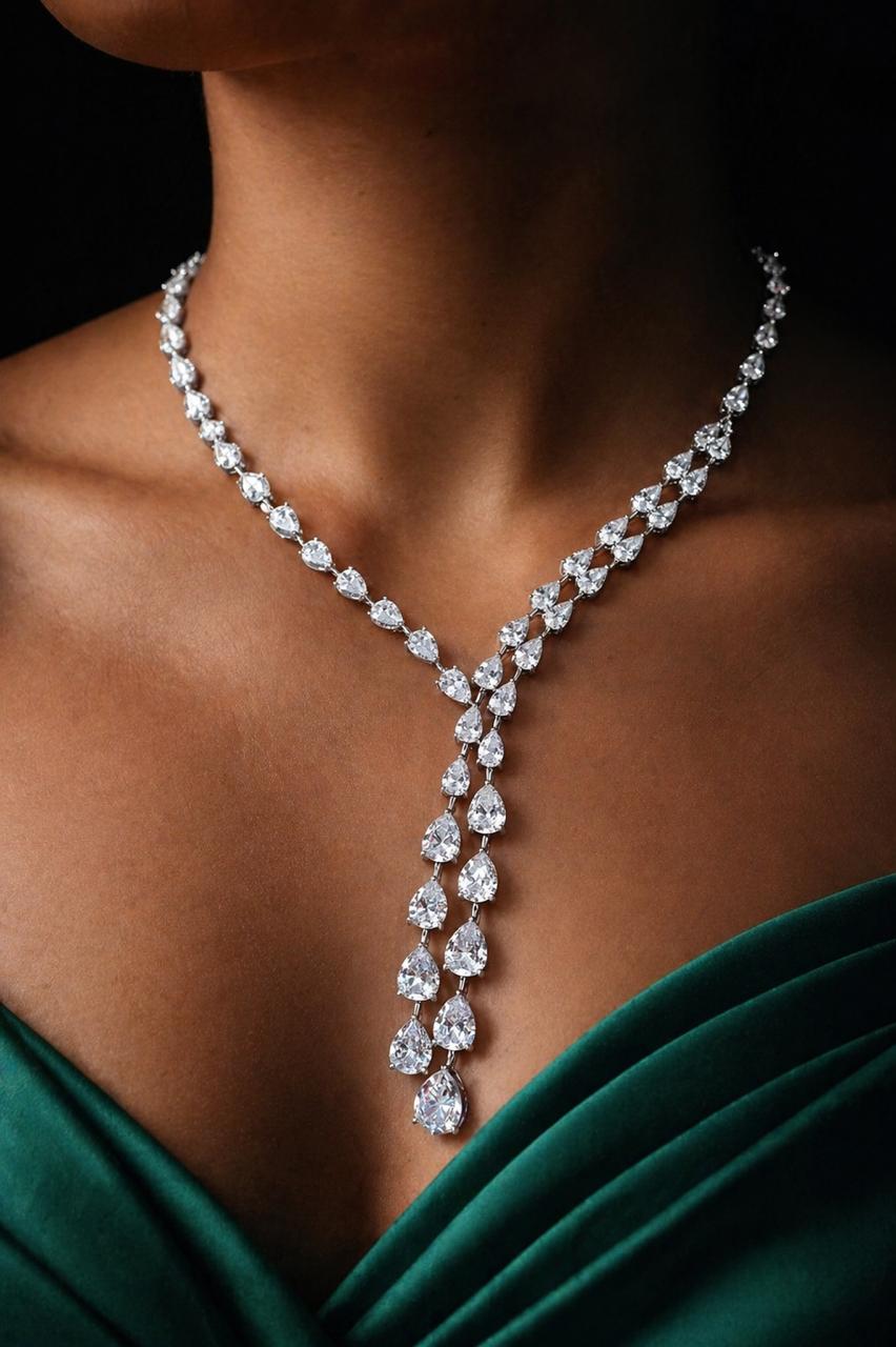 Premium TOJ Everyday - Drop Diamond Solitaire Cocktail Statement Necklace Set for Women