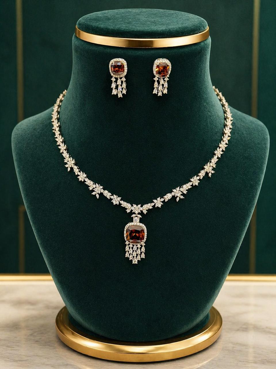 TOJ Everyday - Deep Wine Cushion and Fancy Diamond Bridal Wedding Necklace Set with Earrings