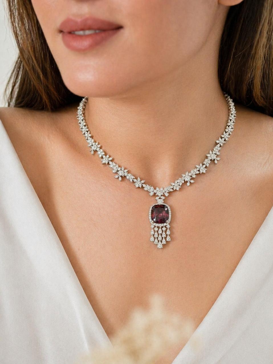TOJ Everyday - Deep Wine Cushion and Fancy Diamond Bridal Wedding Necklace Set with Earrings