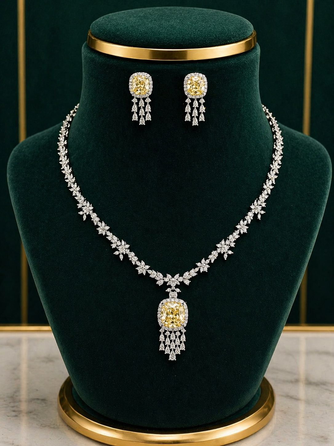 TOJ Everyday - Yellow Cushion and Fancy Diamond Bridal Wedding Necklace Set with Earrings
