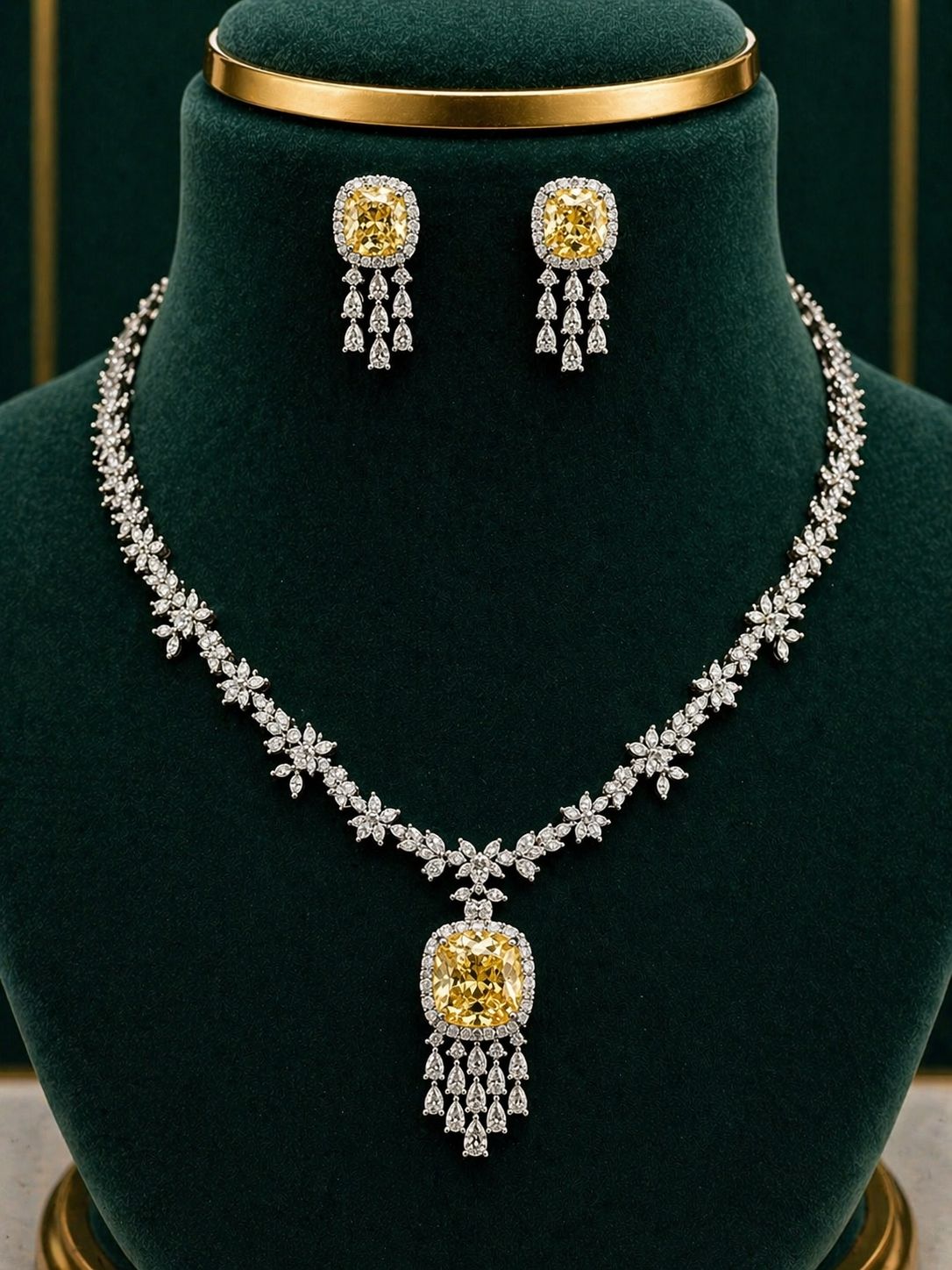 TOJ Everyday - Yellow Cushion and Fancy Diamond Bridal Wedding Necklace Set with Earrings