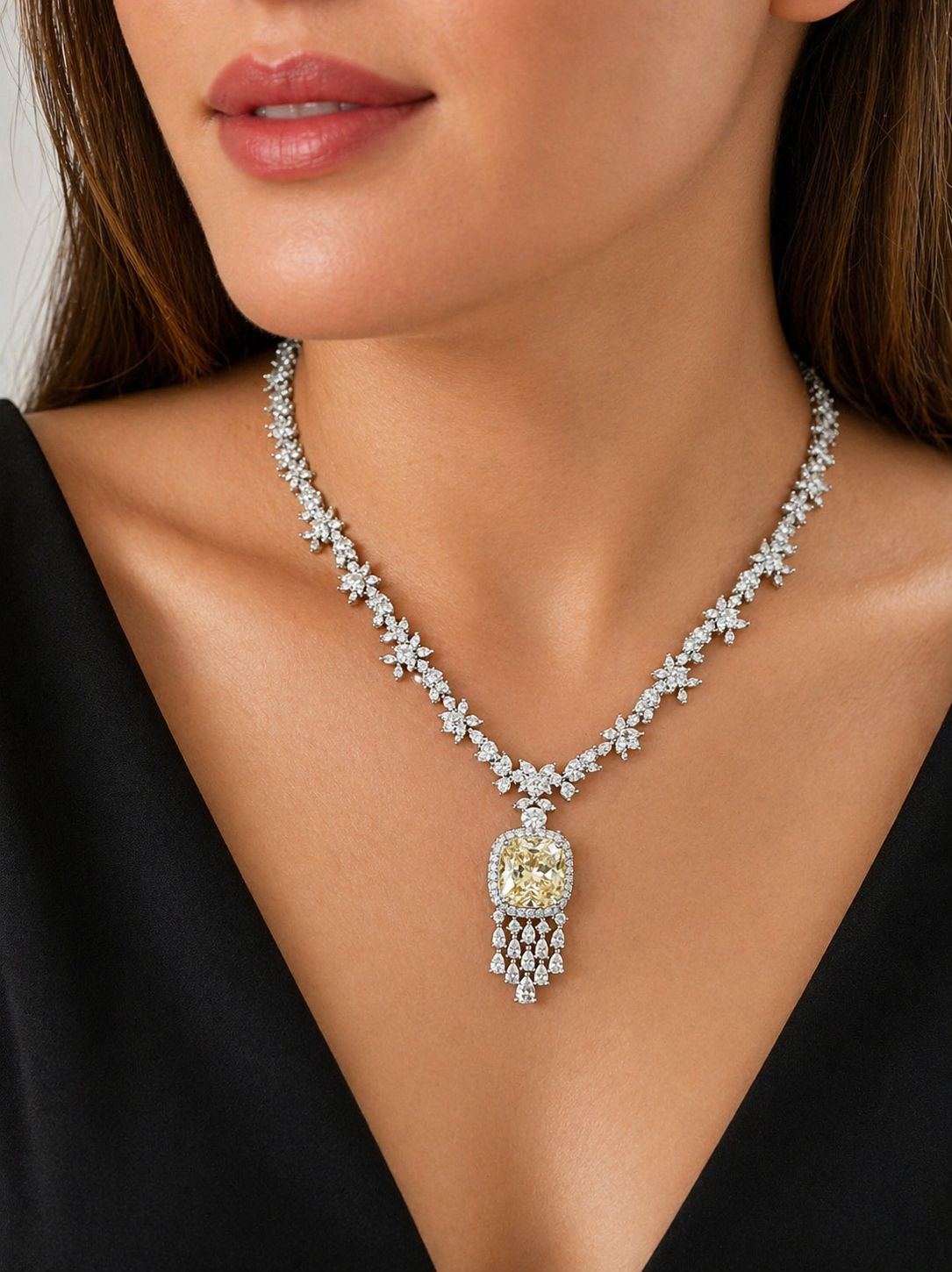 TOJ Everyday - Yellow Cushion and Fancy Diamond Bridal Wedding Necklace Set with Earrings