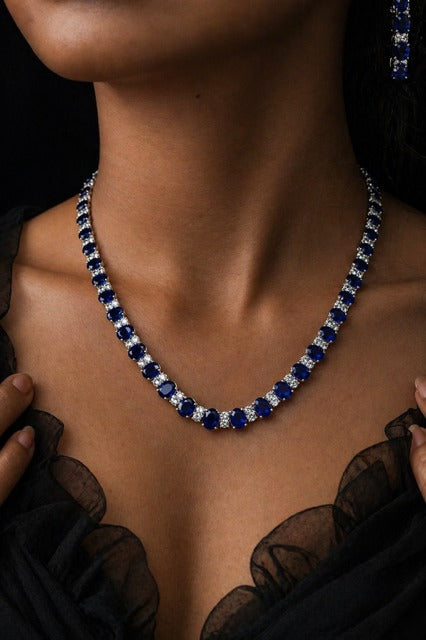 Premium TOJ Everyday - Blue Sapphire and White Oval Diamond Solitaire Classic String Necklace Set