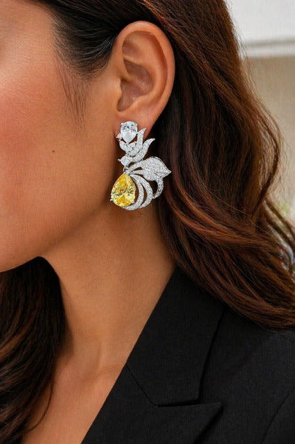 Premium TOJ Everyday - Drop Solitaire Yellow Fire Diamond Statement Party Earrings for Women