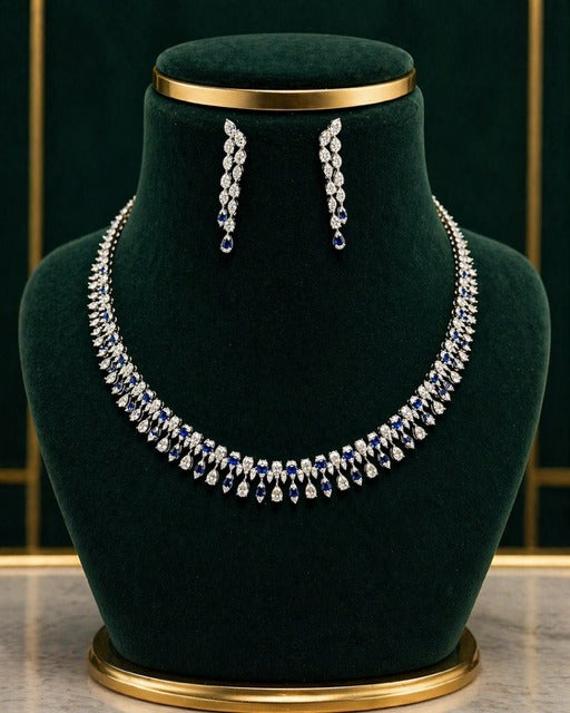 Premium TOJ Everyday - White And Blue Drop Necklace Set with Earrings