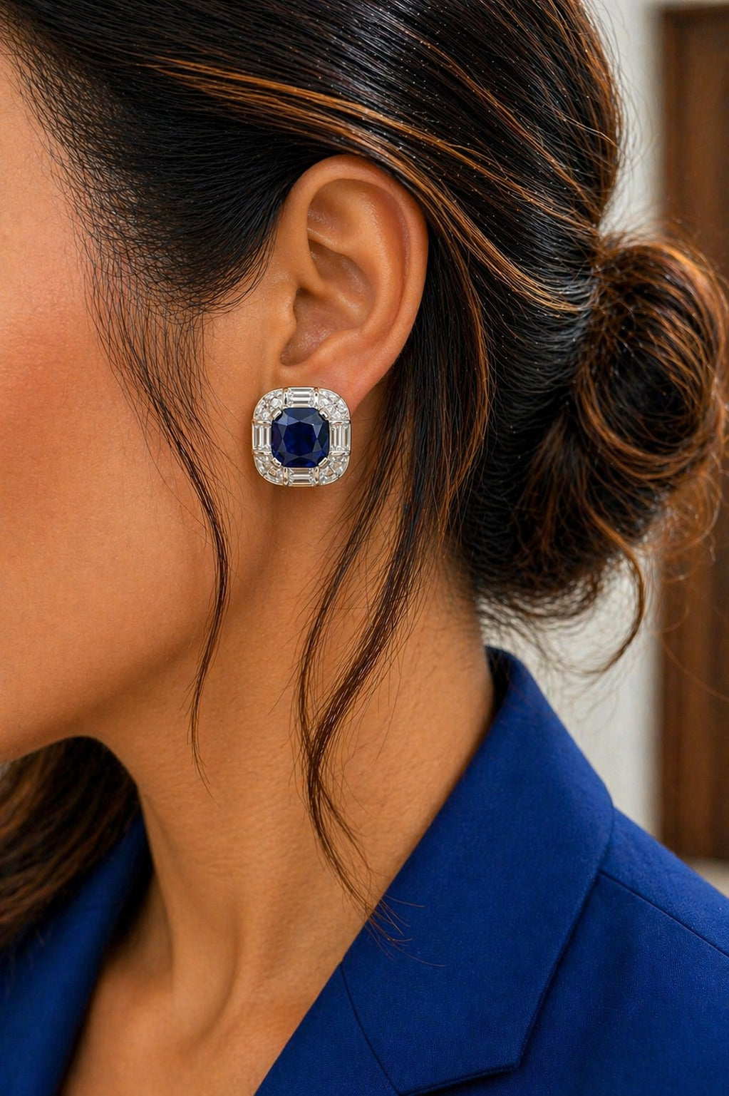 Premium TOJ Everyday - Deep Blue Cushion Cut Statement Party Stud Earrings for Women