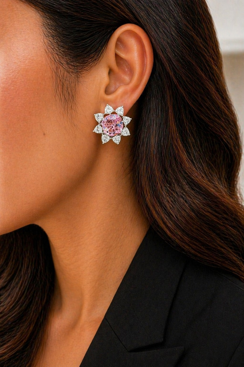 Premium TOJ Everyday - Pink Diamond Chunky Floral Party Stud Earrings for Women