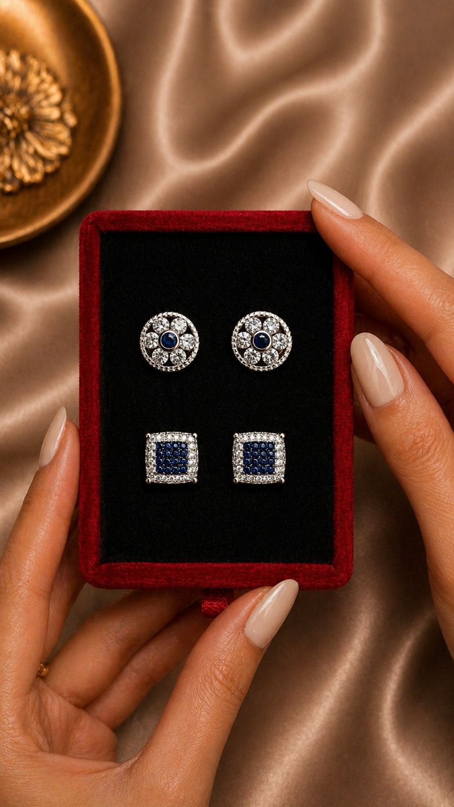 Mother’s Day Combo of Two Pure 925 Stud Earrings - 6 Petal Floral Studs and Blue Sapphire Micro Setting Studs