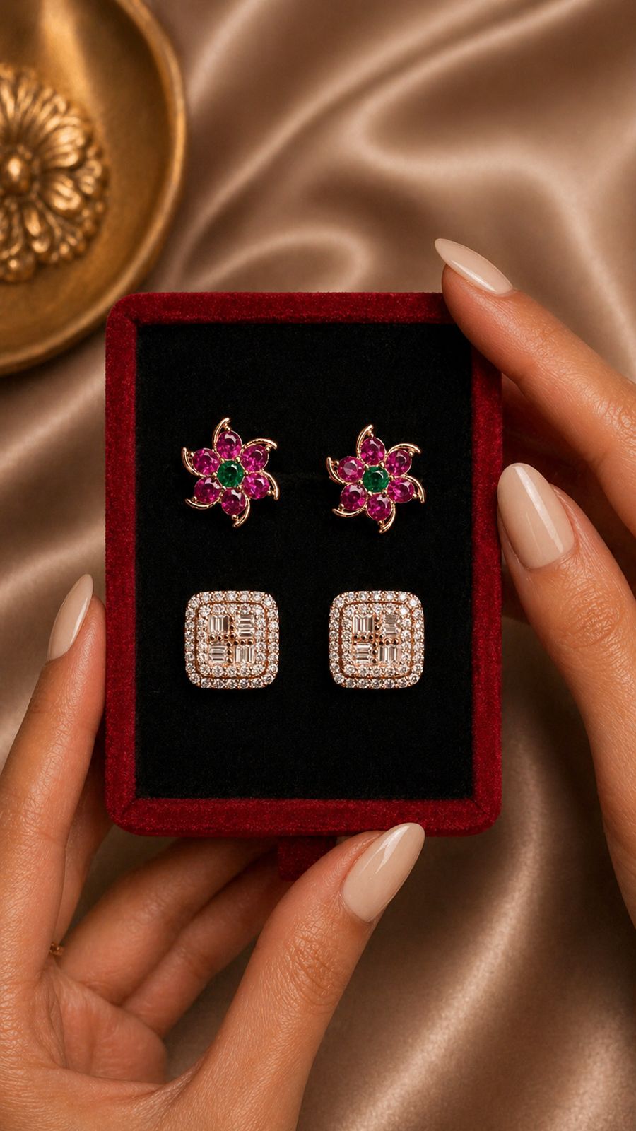 Mother’s Day Combo of Pure 925 Silver Stud Earrings - Ruby Spiral and Rose Gold Micro Setting