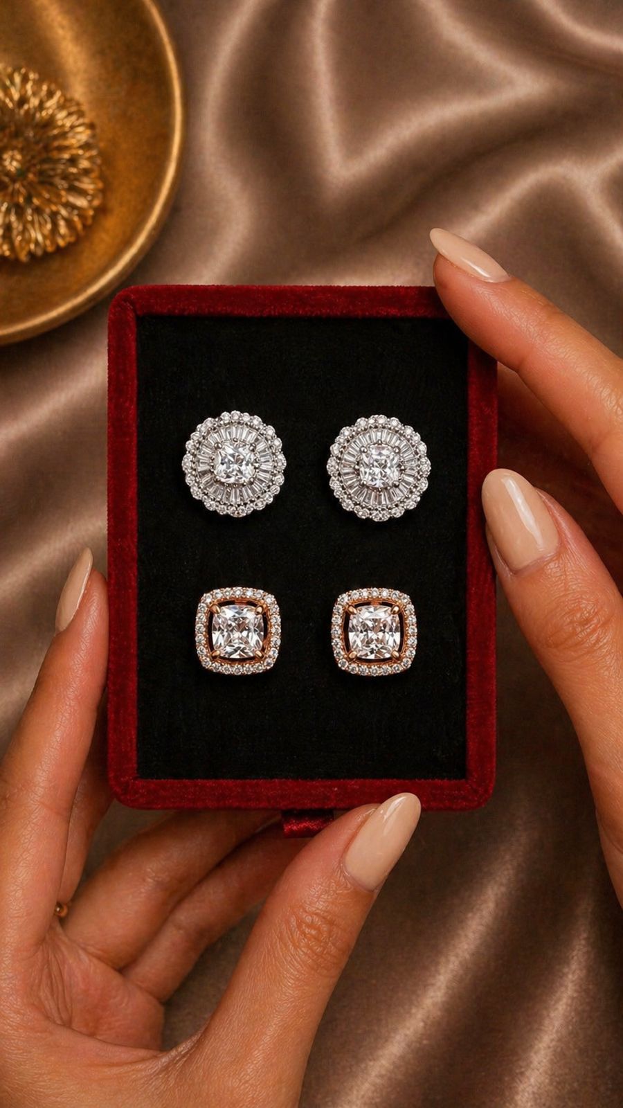 Mother’s Day Combo of Two Pure 925 Silver Stud Earrings - White Diamond Floral and Rose Gold Cushion Cut