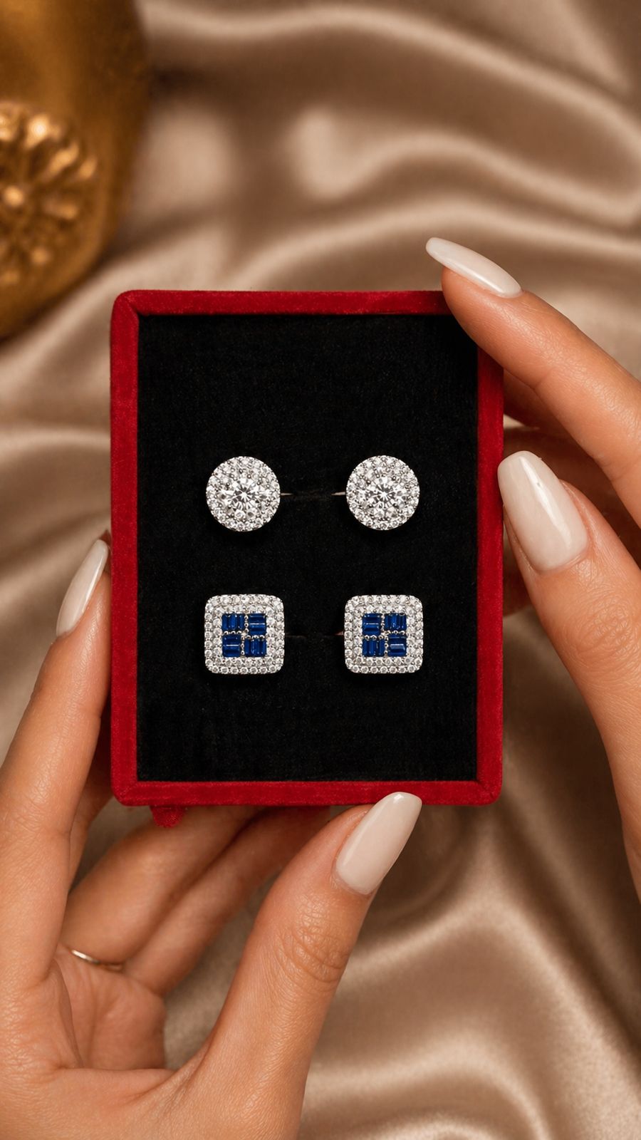 Combo of Two Pure 925 Silver Stud Earrings - Blue Sapphire and Classic White Diamond