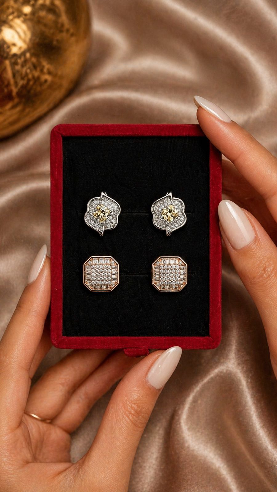 Combo of Two Pure 925 Stud Earrings - Yellow Diamonds and Rose Gold Italian Setting